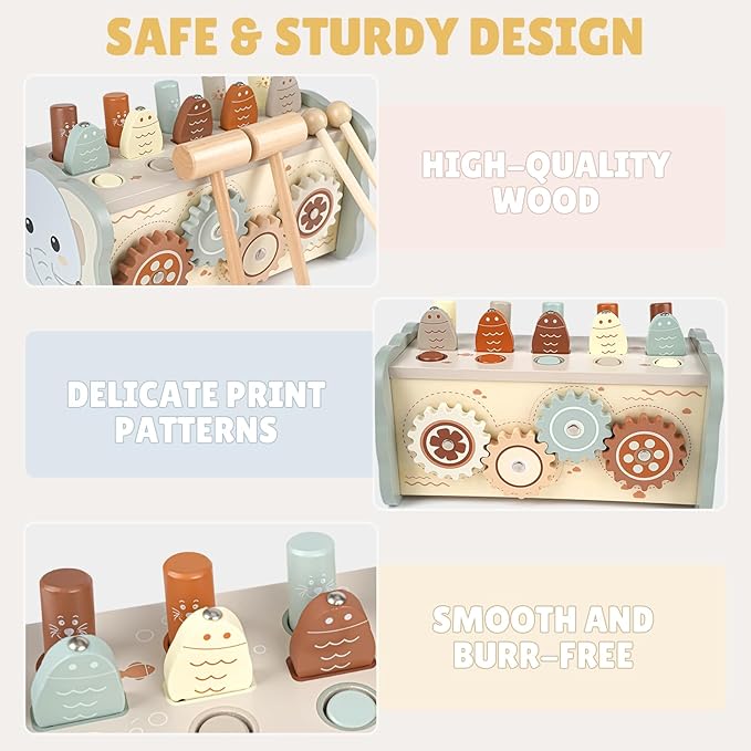 Joyreal Wooden Montessori Toys for 1 Year Old - Hammering Pounding Toy with Xylophone & Fishing Game - Educational Toddler Activities for 1 2 3 Year Old Christmas Birthday Gifts