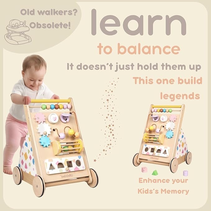 Wooden Baby Walker, Baby Push Walker Baby Walkers for Boys, Montessori Toys & Activity Center for Baby Adjustable Speed Baby Walker with Wheels, Walking Assistance for Baby Girls