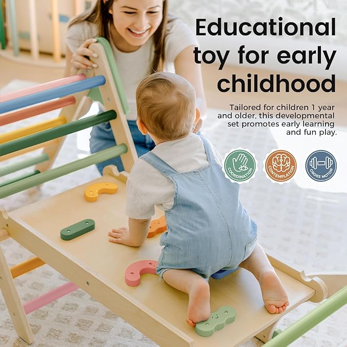 Tiny Land Pikler Triangle Set,7-in-1 Foldable Montessori Toddler Climbing Toys Indoor, Wooden Playground Jungle Gym for Kids, Climber Gift for Boys & Girls Toddler Climbing Toys (Morandi)