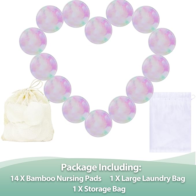 wegreeco Nursing Breast Pads (14 Pack) + Laundry Bag & Travel Storage Bag, 4.7 inch - Washable & Reusable Breastfeeding Nursing Pads (Plain Shape, Dreamy, Large)