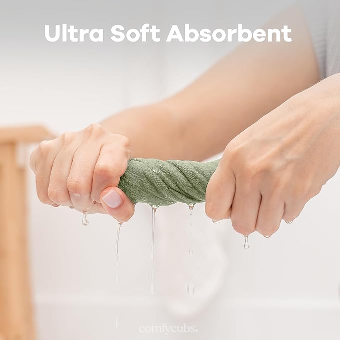 Comfy Cubs Muslin Baby Washcloths 6 Pack - Soft 6-Layer Cotton Wash Cloths for Sensitive Skin - 10"x10" Large, Gentle, Absorbent Infant Essentials for Newborn and Toddlers - Sage