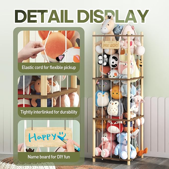 Stuffed Animal Storage, Two-Tone Wood Toy Storage, Space Save Zoo Toy Organizer, Large Capacity Stuffed Animal Holder for Toddler, Gift for Playroom Bedroom Nursery, WJJ-S1