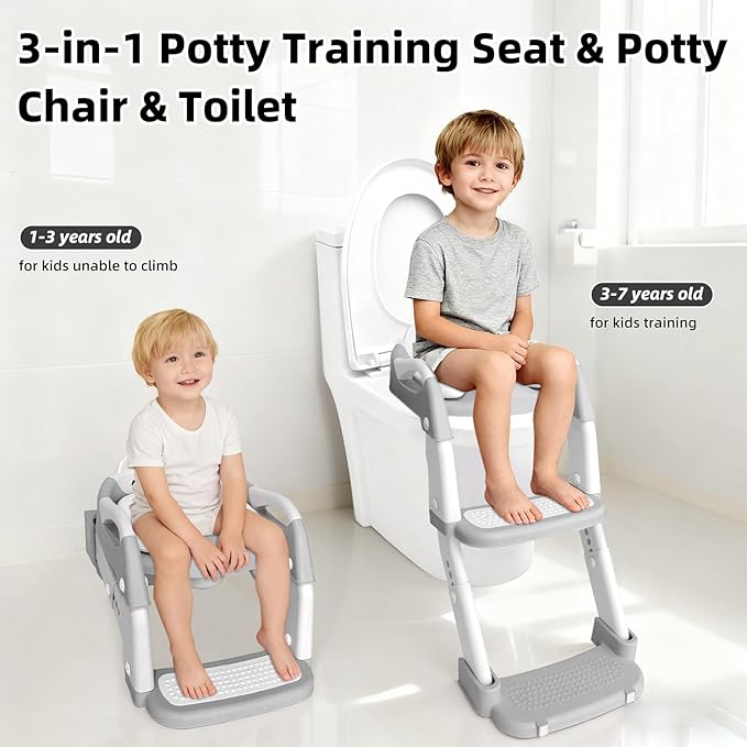 Potty Training Seat, Upgrade Toddler Toilet Seat for Kids Boys Girls, 3 in 1 Potty Training Toilet with Step Stool Ladder-Non Slip Foldable (Gray+White)