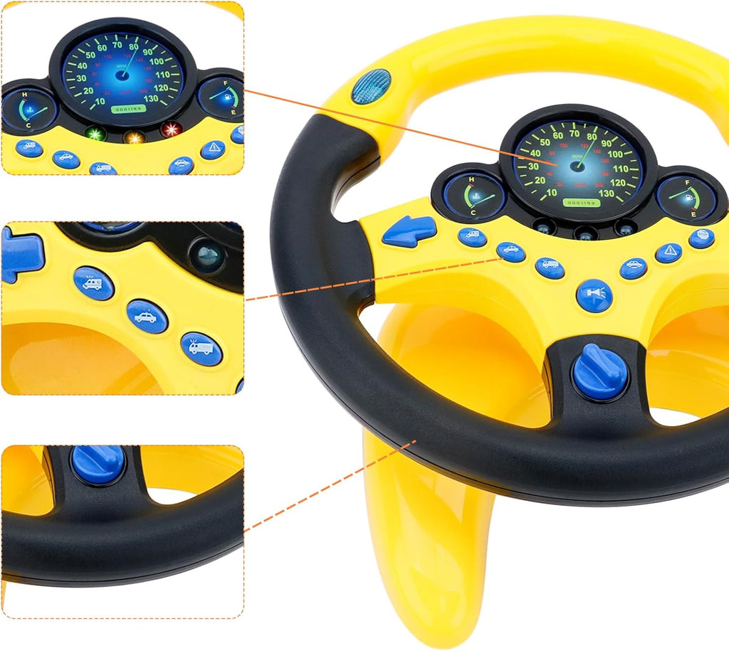 deAO Kids Steering Wheel for Backseat with Car Key Pretend Driving Simulated Driving Steering Wheel Toy with Light and Music Gifts for Kids (Yellow)