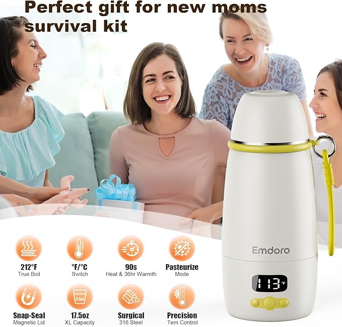 Portable Bottle Warmer for Travel, 212℉ Boil & 149℉ Pasteurization, 17.5oz Milk Warmer for Baby with Temp Control, 16000mAh Bottle Warmer On The Go, Portable Milk and Water Warmer