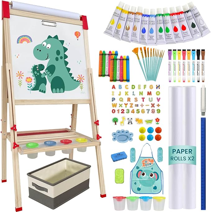 Easel for Kids,Adjustable Wooden Art Easel for Kids,114+ Art Supplies,Double Sided Magnetic Chalkboard and White Board for Kid,Drawing and Painting for Aged 2-4,5-7,8-12,2 Paper Rolls