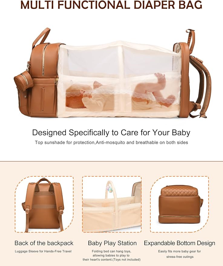 Diaper Bag Backpack, Multifunction Waterproof Diaper Bag for Baby, with Diaper Changing Station, Newborn Essentials Must Haves, Baby Portable Bag, Unisex, Brown Vegan Leather