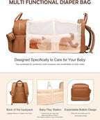 Diaper Bag Backpack, Multifunction Waterproof Diaper Bag for Baby, with Diaper Changing Station, Newborn Essentials Must Haves, Baby Portable Bag, Unisex, Brown Vegan Leather