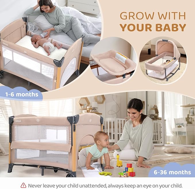 JOYMOR 7 in 1 Bedside Bassinet with Changing Table, All in One Nursery Center, Bedside Sleeper with Mattress, Sheet, Canopy, Storage Shelf (Beige)