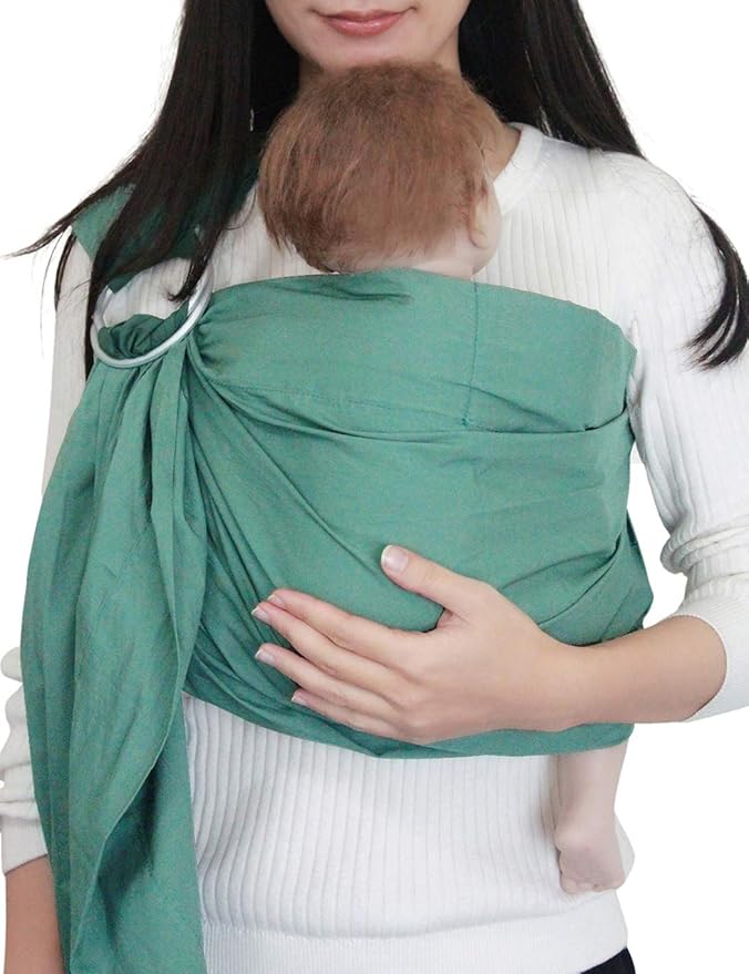 Ring Sling Baby Carrier, Soft Linen Cotton Baby Sling Carrier Newborn to Toddler, Baby Wrap Carrier for Plus Size Parents, Perfect Shower Gift, Lightly Padded Adjustable Nursing Cover Green