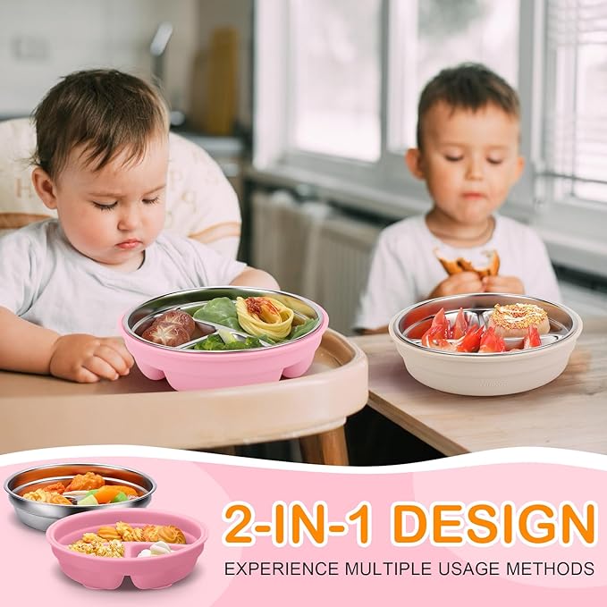 Nuogo 2 Pcs Stainless Steel Baby Suction Plates with Removable Silicone Shell 2-in-1 Metal Toddler Bowl Divided for Picky Eaters Kids Feeding Led Weaning Supplies, Dishwasher Safe (Beige,Pink)