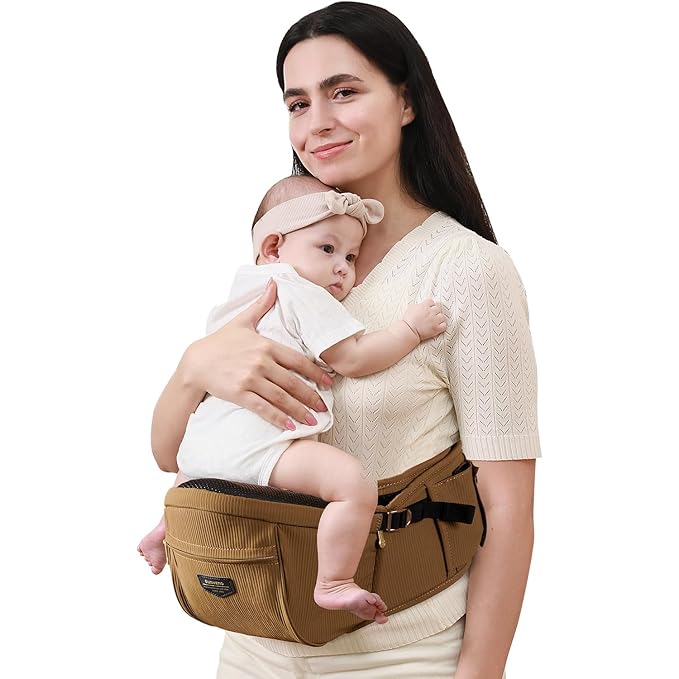 SUNVENO Baby Hip Carrier with Hip Seat, CPC-Certified, Ergonomic Infant Carrier for Newborns & Toddlers up to 45 lbs, Adjustable Waistband, Multiple Pockets, All-Season, Brown