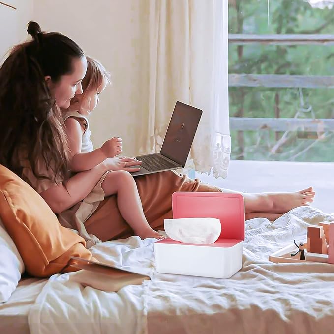 Diaper Wipes Dispenser Wipes Holder, Wipes Tissue Case Keeps Wipes Fresh Tissue Wipes Container with Lid (Pink)