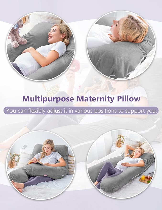 Meiz Pregnancy Pillow, U Shaped Pregnancy Body Pillow with Zipper Removable Cover (Gray- Velvet)