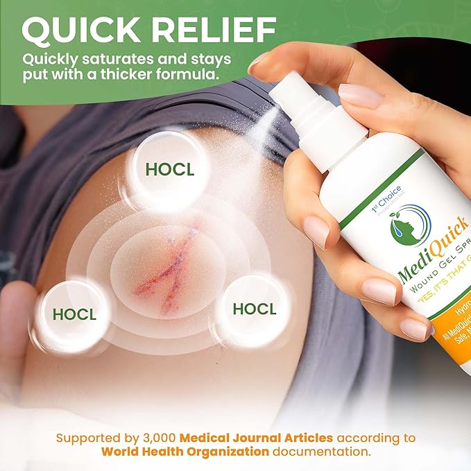 MediQuick Skin & Wound Repair First Aid Spray Gel 4 Fl Oz - Antiseptic Spray for Burns & Cuts with 12 Hour Action - Helps Heal Acne Rash Eczema Itch Bites & More - Safe Wound Wash with No Sting