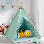 Teepee Tent for Kids with Padded Mat Cotton Canvas Kids Tent with Pompom for Toddlers Indoor Play Tent for Girls Boys with Stars Lights, Carry Bag, Banner Flag (Green)