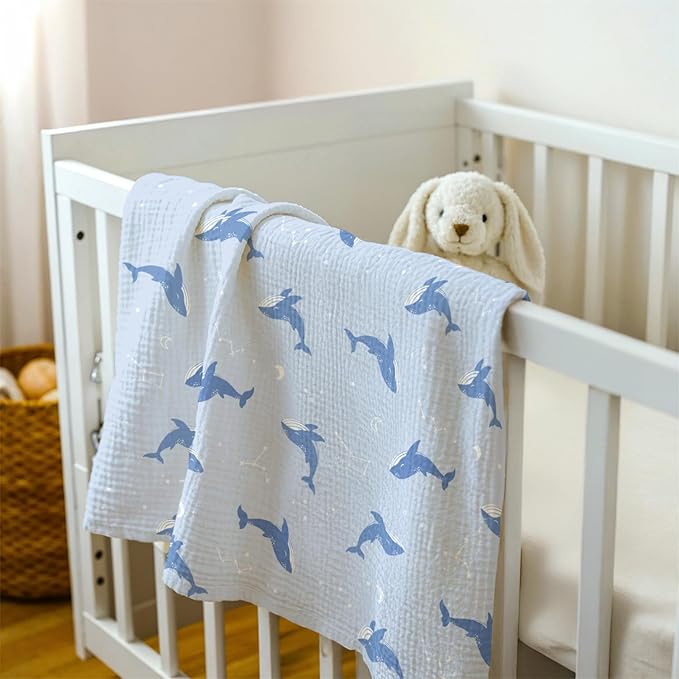 Whale Baby Blankets for Boys Girls, Soft Nursery Minky Blankets with Muslin and Dotted Fleece Back 30x40 inches, Receiving Bed Quilt for Newborn, Infants, Toddlers