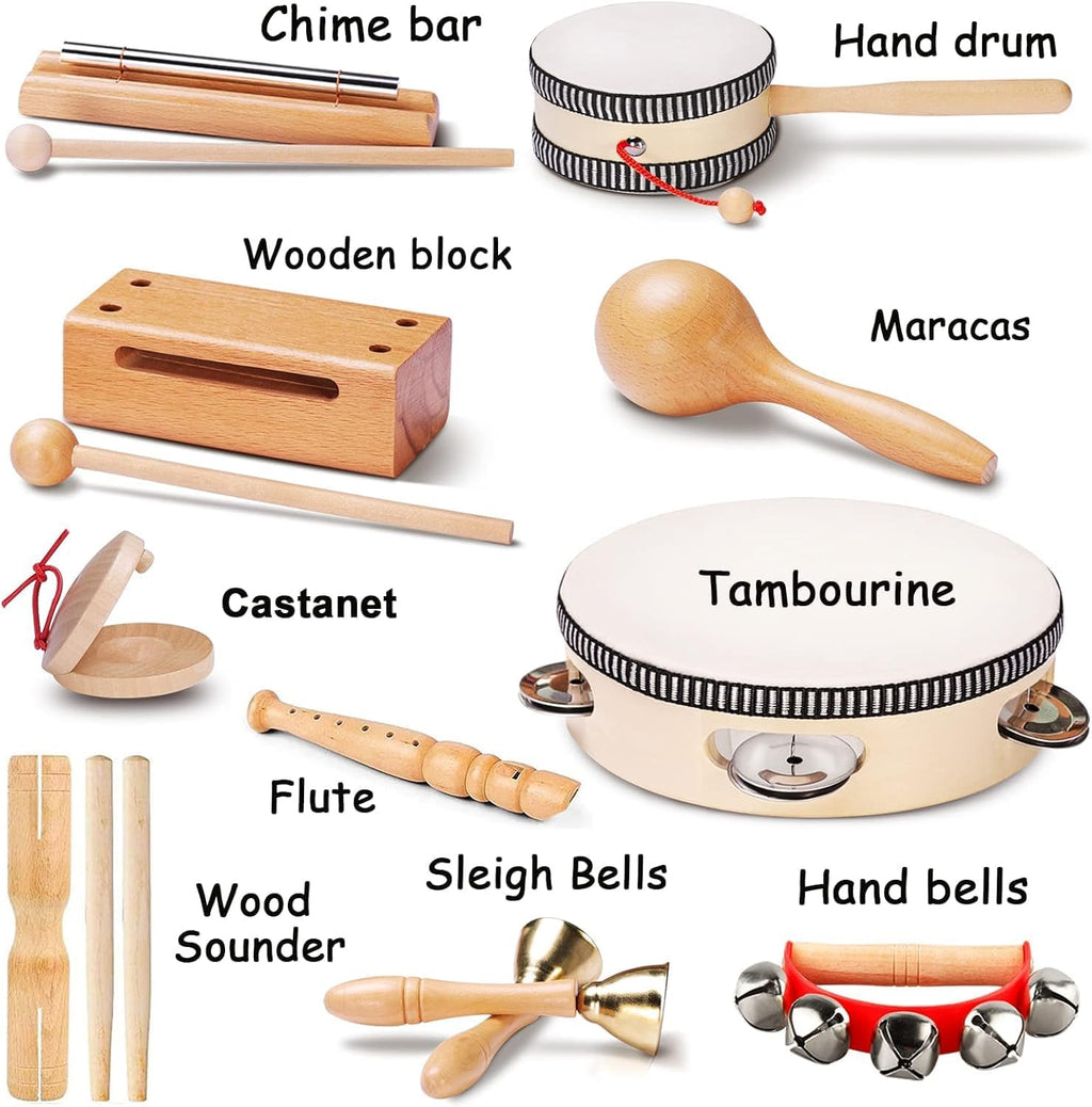 LOOIKOOS Toddler Musical Instruments, Eco Friendly Music Set for Kids Preschool Educational, Natural Wooden Percussion Instruments Musical Toys for Boys and Girls with Storage Bag