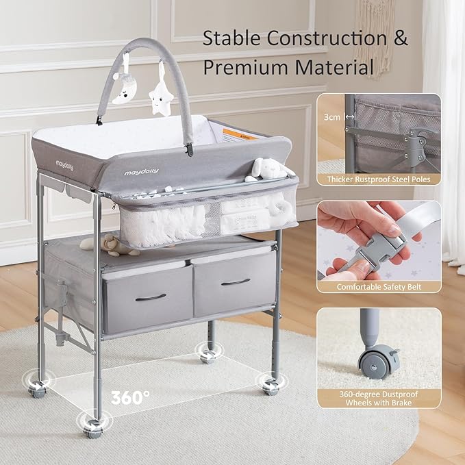 Maydolly Baby Changing Table, Portable Folding Changing Table with Wheels, Waterproof and Adjustable Height, Premium Diaper Changing Station with Two Drawers, Mobile Nursery for Newborn (Grey)