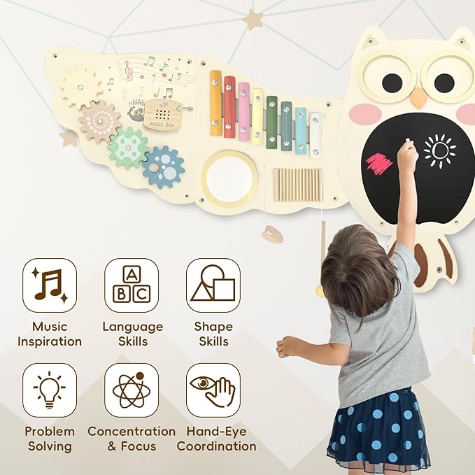 Owl Activity Wall Busy Board Panels, Montessori Sensory Toys, Toddler Learning Activity Center,Interactive Wooden Learning Toy for Toddler Playroom & Children's Daycare