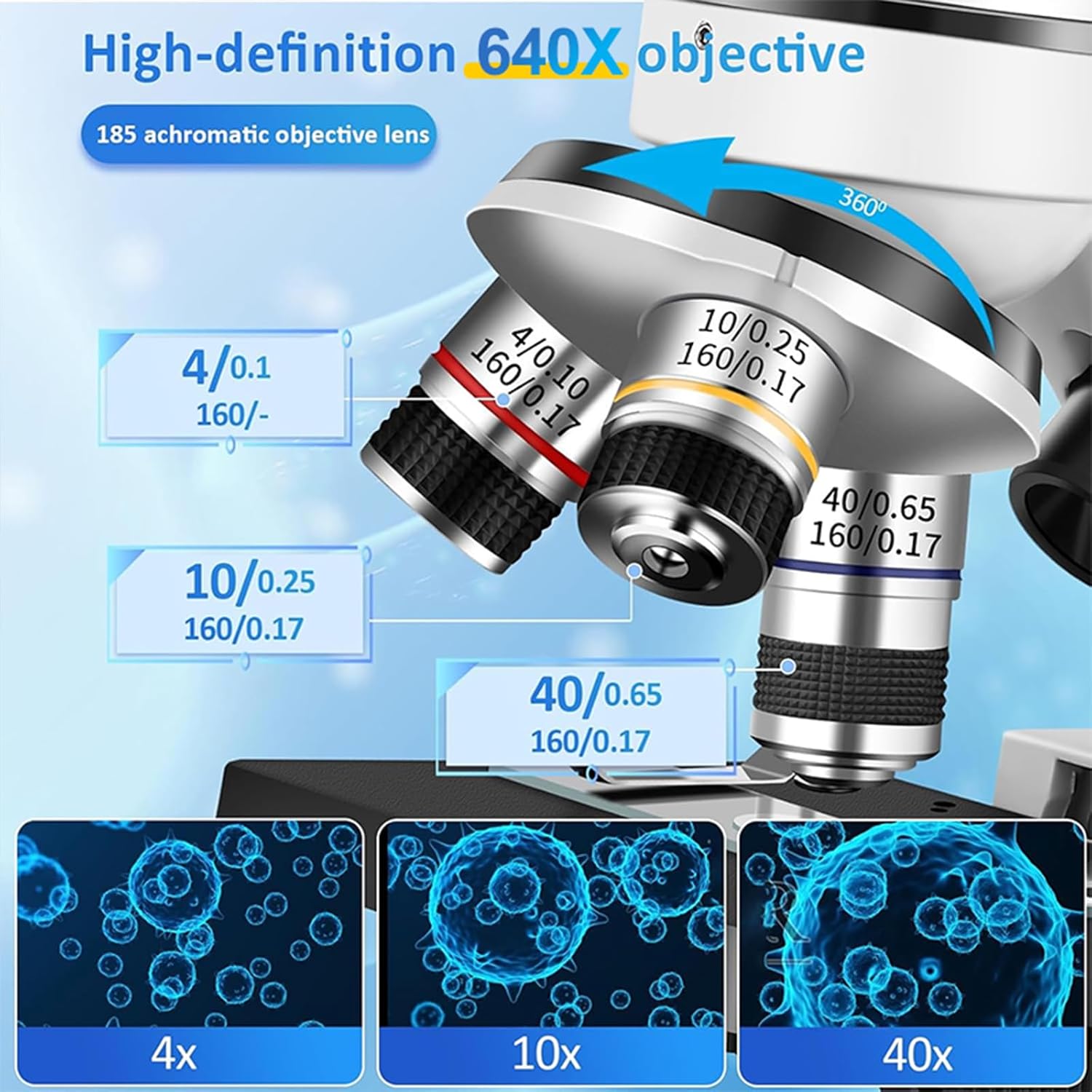 Biological Microscope Kit for Students ，LED Student Compound Monocular Microscope with Base, Suitable for Beginners Cell Phone Adapter, Upper and Lower Light, 100-1000x Magnification Powerful