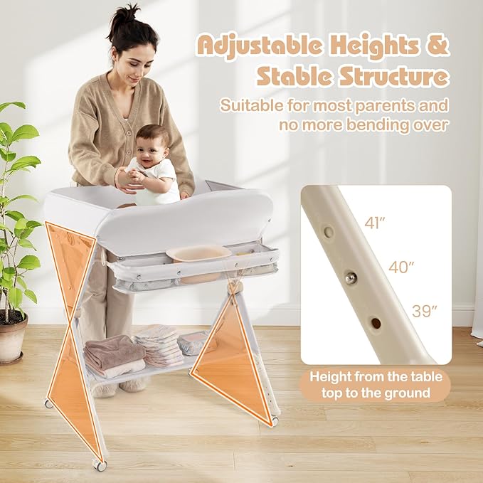 INFANS Baby Changing Table with Wheels, Portable Folding Diaper Station Nursery Organizer with Storage Basket, Hanging Rack, Adjustable Height, Safety Belt for Newborn Infant (Light Gray)