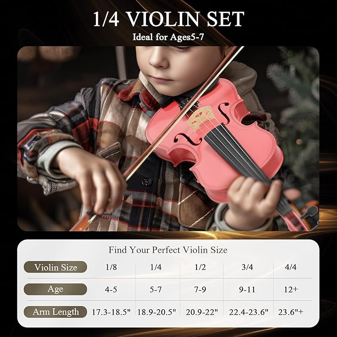 1/4 Beginner Violin Kit, Complete Violin Set with Case, Bow, Rosin,Pink