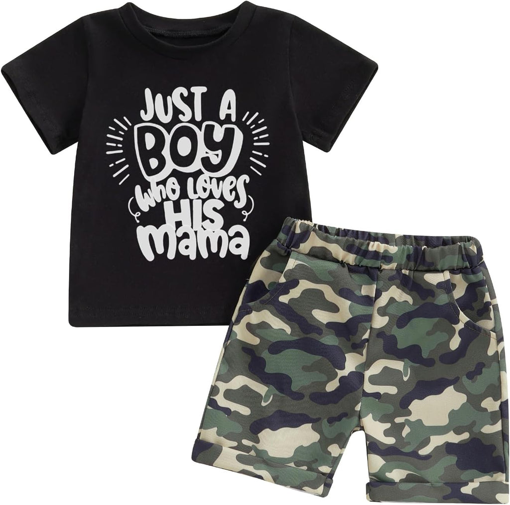 wdehow Toddler Kids Baby Boy Summer Clothes Sets 1T 2T 3T 4T 5T Letter Print Short Sleeve Tops Camouflage Shorts Outfits