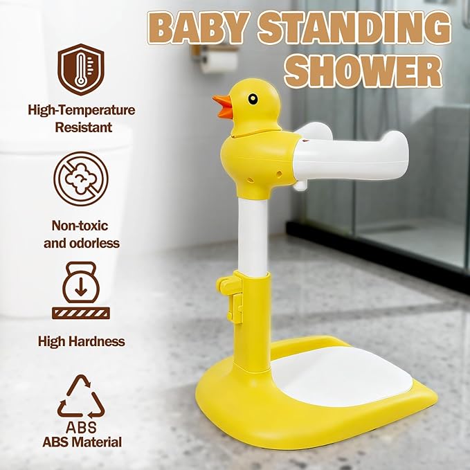Baby Shower Stand Adjustable Toddler Shower Standing Support with Anti-Slip Base Infants Bath Support for 8-36 Months Portable Bath Helper (Duck)