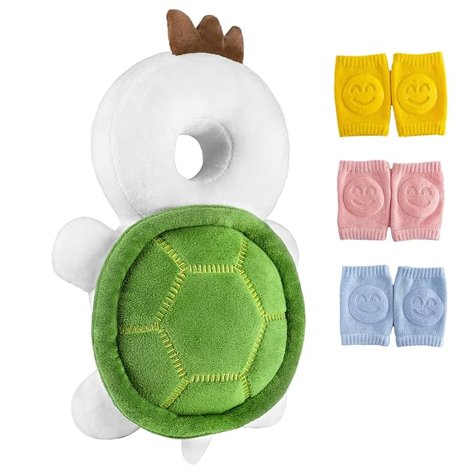 Baby Toddler Head Protector Backpack Safety Pad Adjustable With 3 Pairs Knee Pads for Infant Walker Walking & Crawling Cute Tortoise HX S4