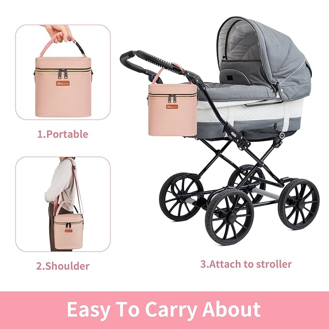 Mancro Baby Bottle Bag for Breastmilk, Breast Milk Cooler Bag with Ice Pack Fits 4 Milk Bottles Up to 9 Ounce with Adjustable Shoulder Strap, Lnsulation Breast Milk Cooler Travel Gifts, Pink