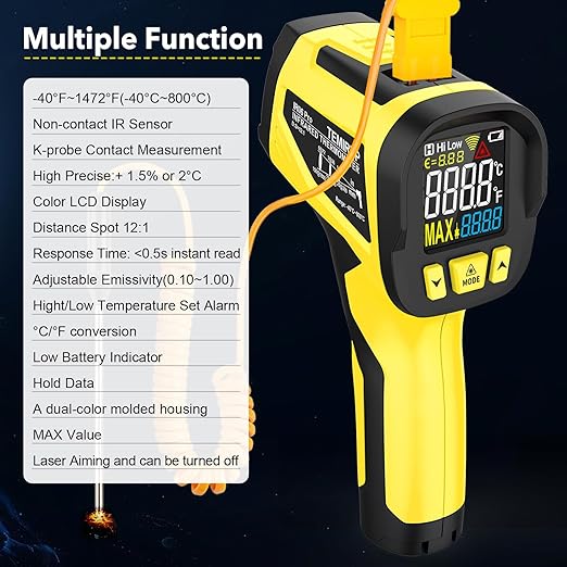Infrared Thermometer Temperature Gun,-40°F to 1472°F, Non-Contact Digital IR Thermometer Temp Gun with Thermocouple Probe for Cooking, Pizza Oven, HVAC, Engine, Griddle, Adjustable Emissivity