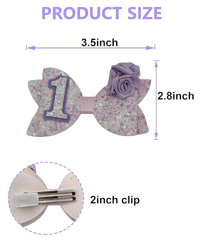 Birthday Hair Bow for Baby Girls 1 2 3 4 5 6 Years Sprinkle Decorations Party Hair Accessories Headband for First 1st Birthday Purple Rose