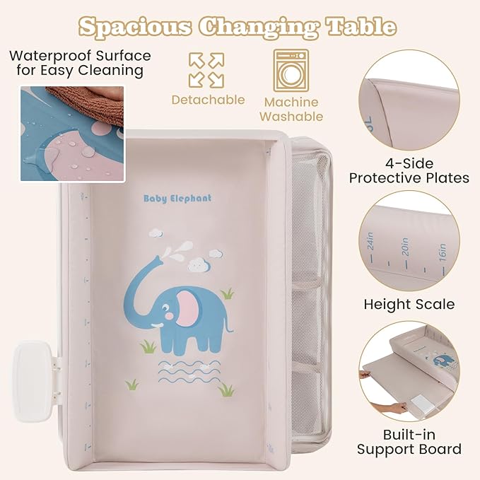 BABY JOY Portable Baby Changing Table, Foldable Waterproof Diaper Changing Station w/Wheels, Adjustable Height, Storage Basket, Shelves & Trash Bin, Mobile Nursery Organizer for Newborn Infant, Beige