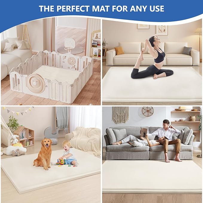 Baby Play Mat for Floor,1.3" Thick Memory Foam Tummy Time Mat for Toddlers,Infants,Kids,Water-Repellent Soft Nursery Rug,Extra Large Non Slip for Crawling&Yoga,Tatami Style for Living Room(Cream)