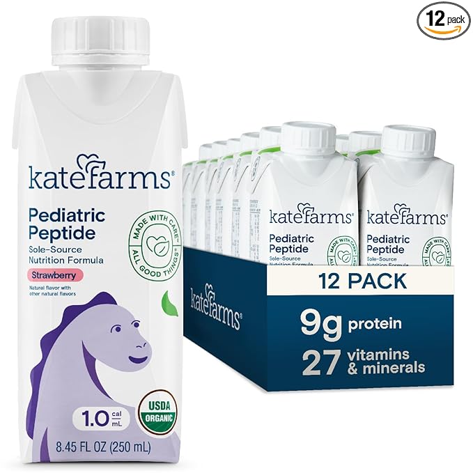 KATE FARMS Organic Pediatric Peptide 1.0 Formula, Strawberry, Sole-Source Hydrolyzed Plant-Based Nutrition for Oral or Tube Feeding, 8.45 oz (12 pack)