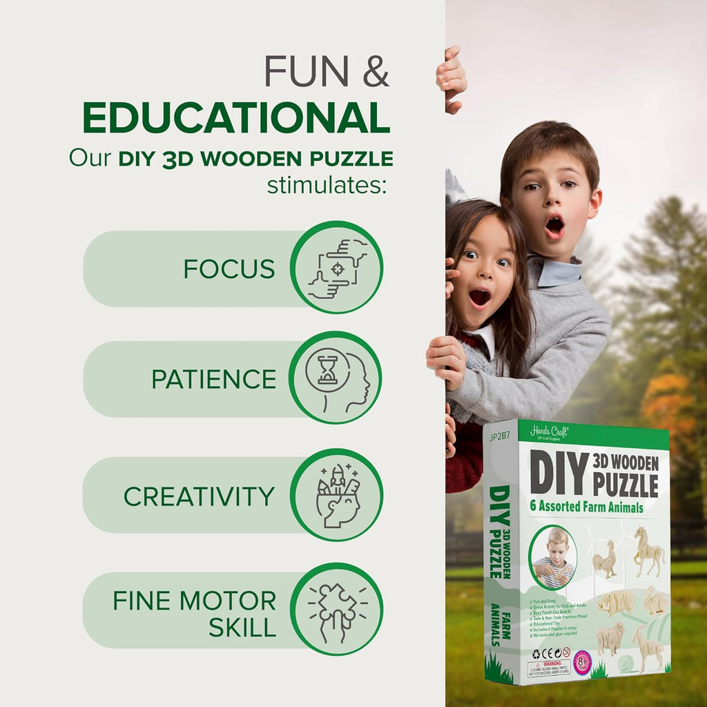 Hands Craft DIY 3D Wooden Puzzle – 6 Assorted Farm Animals Bundle Pack Set Brain Teaser Puzzles Educational STEM Toy Adults and Kids to Build Safe and Non-Toxic Easy Punch Out Premium Wood JP2B7