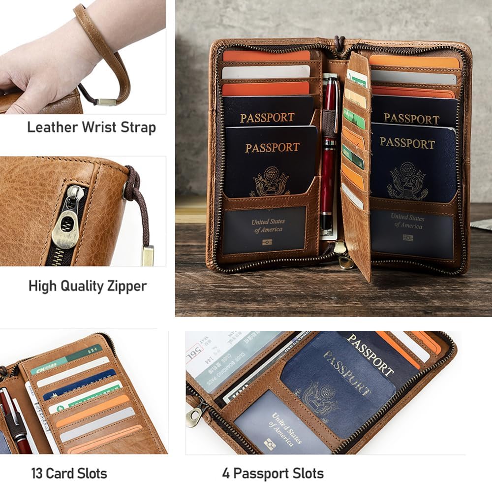 CONTACTS Travel Family Passport Holder for 4 Genuine Leather Passport Wallet RFID Blocking Passports Organizer 3 Layer Design Fit 4 Passports, 13 Credit Cards (Camel Brown)
