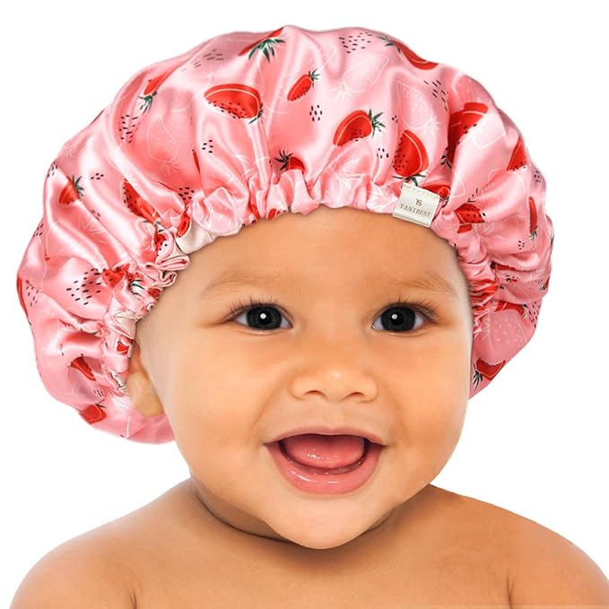 YANIBEST Baby Satin Bonnet Sleep Cap - Double Layer Reversible Adjustable Silky Satin Cap for Infant Toddler(0-6Months,Strawberry)