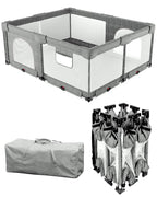 Foldable Baby Playpen with Non-Removable Thick Mat, Extra Large Collapsible Play Yard for Babies & Toddlers, Portable Travel Playpen with Gate, Safe Activity Center (59"×71" Grey)