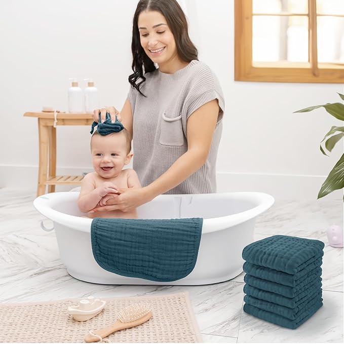 Comfy Cubs Muslin Baby Washcloths 6 Pack - Soft 6-Layer Cotton Wash Cloths for Sensitive Skin - 10"x10" Large, Gentle, Absorbent Infant Essentials for Newborn and Toddlers - Neptune