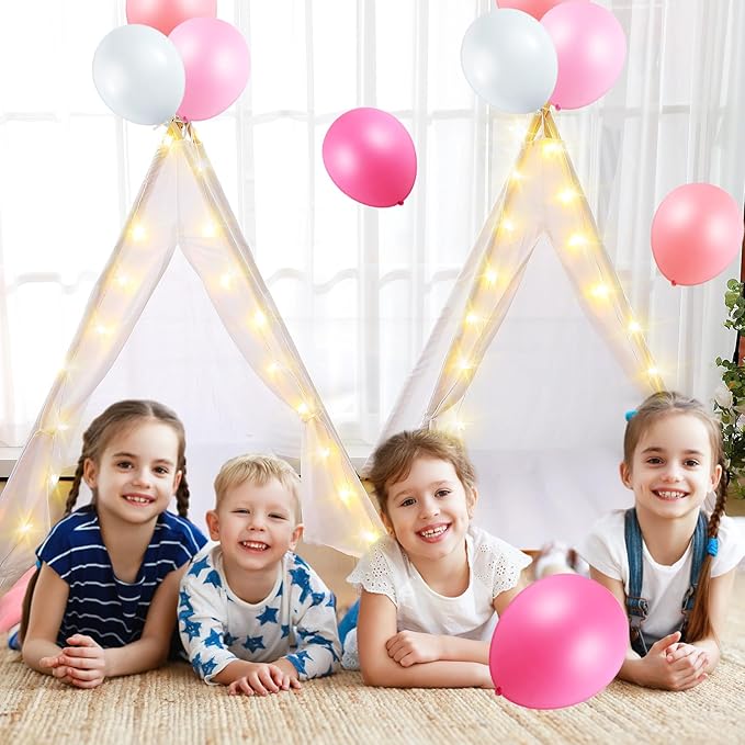 8 Pack Sleepover Tent for Girls Party,Teepee Tent for Kids Slumber Party Bulk with Light String,Air Mattress,Fitted Sheet,Washable Natural Cotton Toddler Teepee Indoor Outdoor(White)