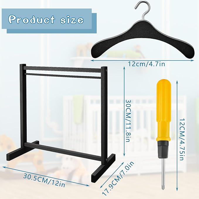 Civaner 11 Pcs Doll Garment Rack with Wooden Clothes Hanger for 18 Inch Girl Doll Clothes Mini Hangers Wardrobe Furniture Accessories for Dollhouse Baby Shower Supplies (Black)