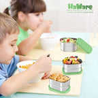 HaWare Stainless Steel Snack Containers for Toddlers and Kids, 8 oz Leak Proof Food Storage Containers with Green Silicone Lids, Stackable Small Metal Lunch Box for Daycare and School- 3 Packs