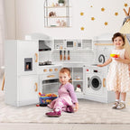 Costzon Corner Kids Kitchen Playset, Wooden Play Kitchen with Sounds & Lights, Washing Machine, Range Hood, Ice Maker, Microwave, Oven, Sink, Pretend Toy Kitchen Set for Toddler, Gift for Boys Girls