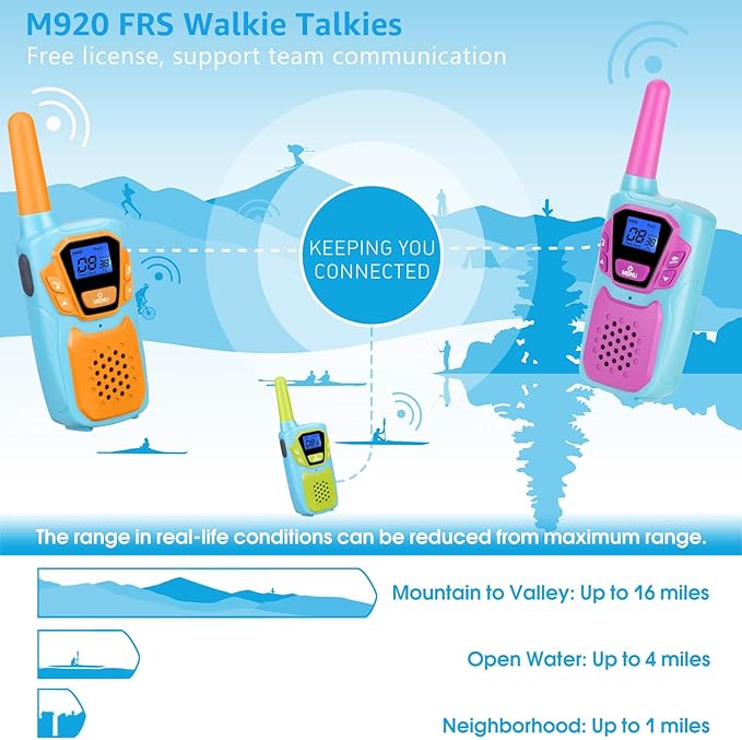Walkie Talkies for Kids Adults Long Range Rechargeable 4 Pack Drop-resistant FRS 2 Way Radio 4 Miles with Lanyard Battery NOAA USB, Family Toy for 3-12 Year Old Boy Girl Toddler Camping Skiing