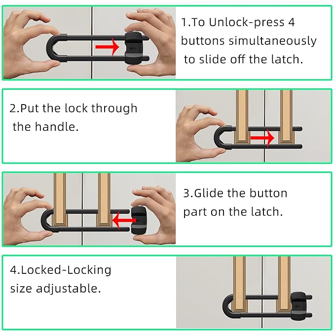 (10 pack black) 4 button Cabinet Locks, U-Shaped Proofing Drawers Safety Child Locks Adjustable, for Wardrobe,Kitchen,Bathroom,Drawer,Fridge,Cupboard Doors Knobs & Handles