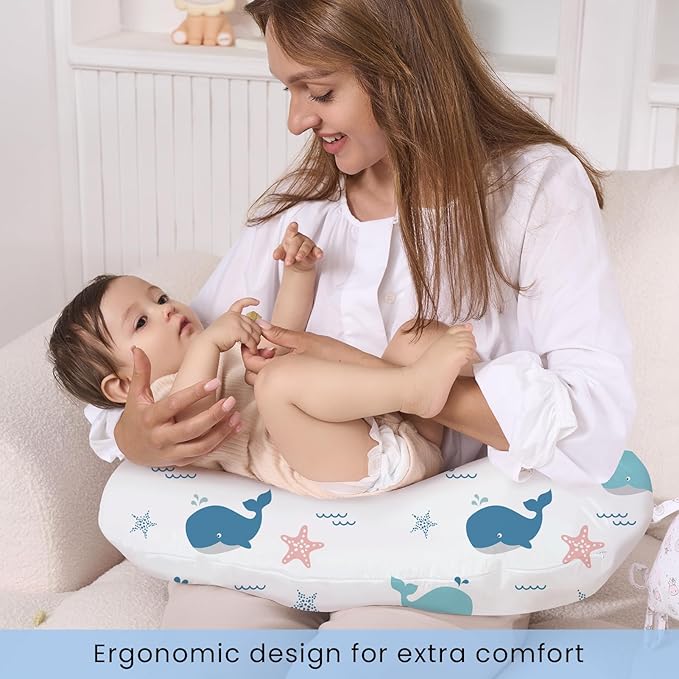 Plushii Nursing Pillow for Breastfeeding, Breathable Breast Feeding Pillow and Positioner with Removable Cover for More Support, Tummy Time and Bottle Feeding Support Pillow, Whale
