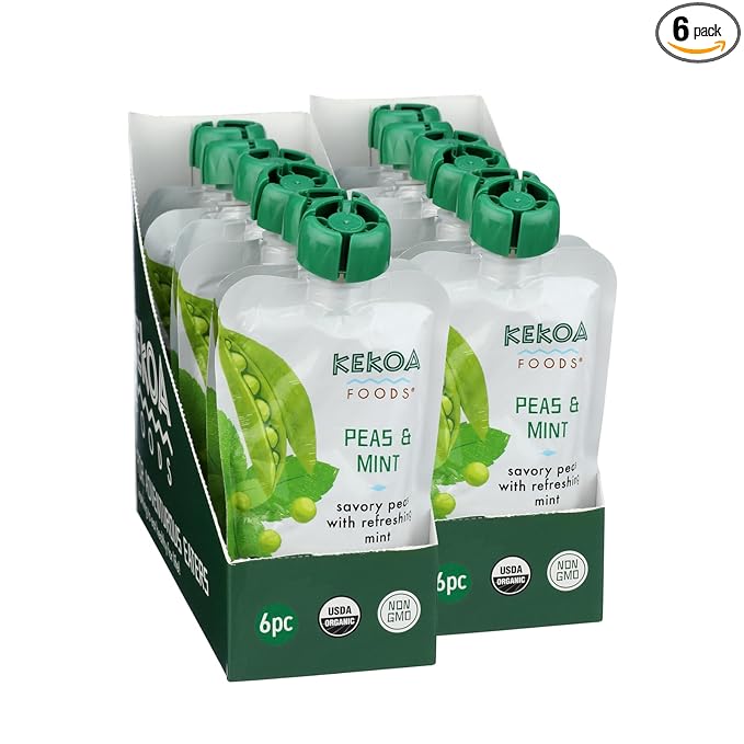 Kekoa Foods Peas & Mint Baby Food Purée | 100% USDA Certified-Organic Vegetarian Squeeze Pouch | Organic, Non-GMO, Gluten-Free, Vegan | Fiber & Protein Boosting First Food for Babies | 3.5 oz