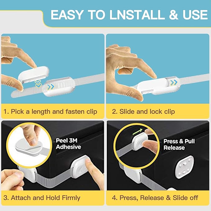 Cabinet Locks Baby Proofing No Drill, Door Locks for Kids Safety, Baby Safety Products Adjustable Strap Locks for Child & Toddlers, Drawer, Fridge, Oven Lock Child Safety 10 Pack with 3M Adhesives